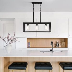 Black 3-Light Dining Room Light Fixture, Modern Farmhouse Chandeliers, Linear Rectangular Kitchen Island Lighting, Industrial Vintage Pendant Lighting with Clear Glass Shade Height Adjustable - Image 8