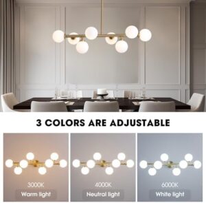 Modern Linear Chandelier, Mid Century Gold Brass Sputnik Pendant Light with White Glass Lampshade,8 Lights Globe Rectangle Chandelier,for Dining Room Kitchen - Image 2