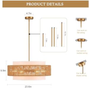 23.6" Rattan Chandelier with Linen Farmhouse Vintage Boho Hand Woven Bamboo Chandelier Light Fixture Modern Drum Wicker Rattan Gold Chandelier for Dining Room, Kitchen, Living Room - Image 3