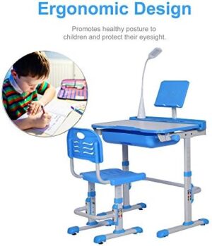 Kids Desk and Chair Set, Height Adjustable Child's School Study Writing Tables with Tilt Desktop, LED Light, Storage Drawer, Book Stand (Blue) - Image 5