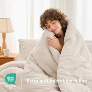 MUXHOMO 7 Pieces Queen Comforter Set, Soft Bed in a Bag Queen Size, All Season Bedding Set with Comforter, Flat Sheet, Fitted Sheet, Pillowcases & Shams, Beige - Image 3