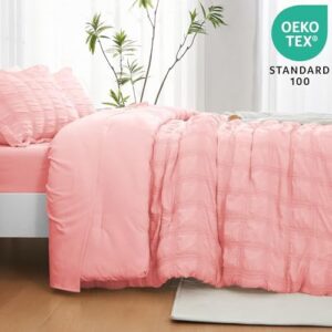 JOLLYVOGUE King Comforter Set Seersucker 7 Pieces, Pink Comforter, Soft Bed in a Bag King Size, All Season Bedding Set with Comforter, Flat Sheet, Fitted Sheet, Pillowcases, Pillow Shams - Image 6