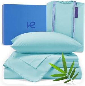 Kickoff Viscose Bamboo Sheets Queen Size 4-pc 100% Organic Bamboo Viscose Bed Cooling Sheets Queen Size Set Cool Bedding for hot Sleepers Sheet, Flat, Fitted, Pillowcases (Coastal Blue, Q)