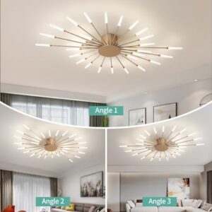 ziidoo Modern Ceiling Light, 28 Lights Metal Firework Designed Chic Led Lighting Fixture for Farmhouse Kitchen Dining Room Bedroom Hallway Living Room (Gold and Dark Gold) - Image 6
