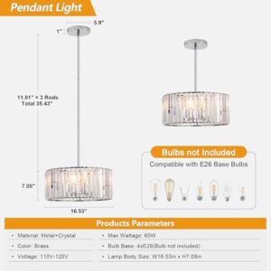 16.5" Chrome Crystal Chandeliers 4-Light Modern Drum Chandelier Flush Mount Round Ceiling Hanging Pendant Light Fixture for Kitchen Island Dining Room Foyer - Image 3