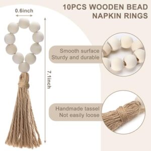 Woven Placemats Set of 10, 13.8" Natural Water Hyacinth Round Rattan Placemats with Wooden Beads Napkin Rings for Kitchen Dining Table Decor - Image 3