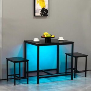 Finnhomy 3-Piece Dining Table Set, Small Kitchen Table with 2 Chairs, LED Light and USB Type-C Power Outlet, Space-Saving Design for Dining Room, Living Room, Apartment, Rustic Black