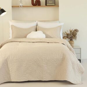 Cmfshape Lightweight Quilt Set Summer Comforter,Thin Soft Bedspread 3 Pieces King Bedding Set Morden Style Banana Leaves Patterns (Beige, King) - Image 2