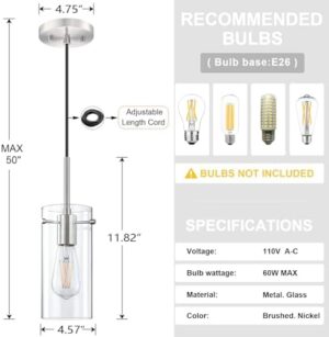 Doraimi Lighting 4" Clear Glass Hanging Kitchen Island Pendant Light 2 Pack Vintage Modern Brushed Nickel Finish Pendant Lamp for Dining Room Over Sink Dining Room - Image 2