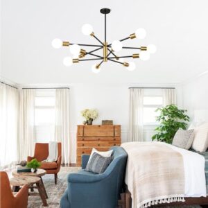 33" Modern Chandelier Ceiling Light Fixture, 12-Light Sputnik Chandeliers Gold and Black Mid Century Chandelier Over Table, Height Adjustable Chandeliers for Dining Room Living Room Kitchen Island - Image 9