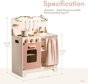 ROBOTIME Kids Play Kitchen Set - Rustic Wooden Kitchen Sets, Pretend Play Kitchen with Leaf Light String, Apron, and Groves, for Toddlers 3+ (Rustic Style) - Image 6