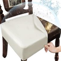 Leather Seat Covers for Dining Room Chairs Set of 4, Waterproof Kitchen Chair Seat Protector Slipcovers Made of 4-Way High Stretch PU Leather and Rear Covers Design (Cream 4 Pcs)