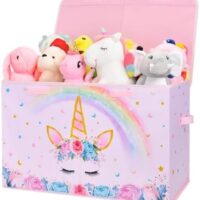 WERNNSAI Toy Box for Girls - Collapsible Oxford Storage Bin with Handles 25" x 13" x 16" Toys Clothes Books Unicorn Chest Organizer Cube with Flip-top Lid for Kids Bedroom Nursery Living Room