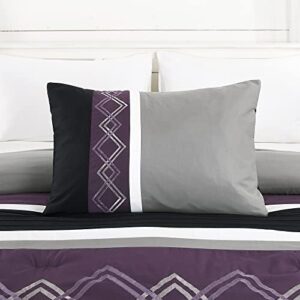 Chezmoi Collection Arden 7-Piece Modern Pleated Stripe Embroidered Zigzag Bedding Comforter Set (Queen, Purple/Black/Gray/White) - Image 5
