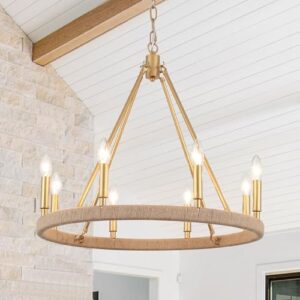 Gold Farmhouse Chandelier 8 Light Wagon Wheel Chandelier Modern Metal Round Pendant Lighting Fixture for Dining Room Entryway Island Living Room Kitchen