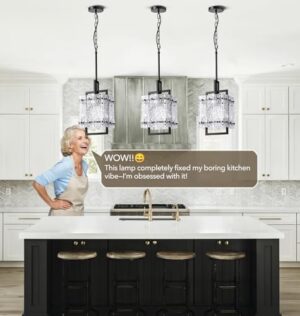Black Glass Island Light for Kitchen, Modern Ceiling Hanging1-Light Pendant Lighting Fixture for Kitchen Dining Room Bedroom Hallway, Height Adjustable Water Ripple Glass E26 Square - Image 3