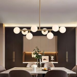 Modern Linear Chandelier, Mid Century Gold Brass Sputnik Pendant Light with White Glass Lampshade,8 Lights Globe Rectangle Chandelier,for Dining Room Kitchen