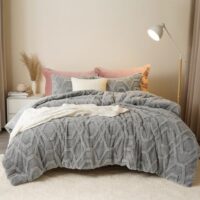 PHF Warm Sherpa Fleece Queen Comforter Set, 3D Tufted Fluffy Grey Bedding for Winter, Soft 3 Pieces Shaggy Bed Set, 1 Comforter (90"x90") and 2 Pillowcases (20"x26")