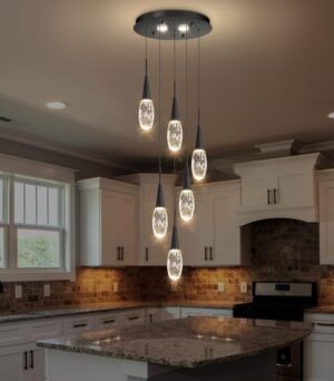 6-Lights Adjustable Pendant Lights for Kitchen Island LED Dimmable Light Fixture Modern Glam Crystal Hanging Lighting for Dining Room Bedroom Black