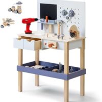 Wooden Kids Tool Bench with Electric Drill, Toddler Tool Bench with Storage Drawers and Platform, Toy Workbench Workshop with Play Tools Set for Boys and Girls, Perfect for Ages 3+