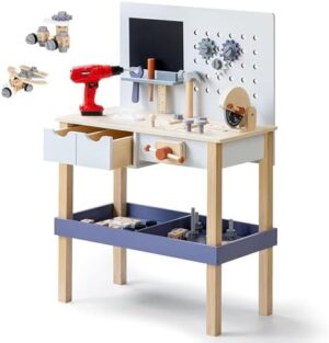 Wooden Kids Tool Bench with Electric Drill, Toddler Tool Bench with Storage Drawers and Platform, Toy Workbench Workshop with Play Tools Set for Boys and Girls, Perfect for Ages 3+