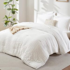 CozyLux Queen Bed in a Bag White Seersucker Comforter Set - 7-Piece All Season Bedding with Comforter, Pillow Sham, Flat Sheet, Fitted Sheet and Pillowcase