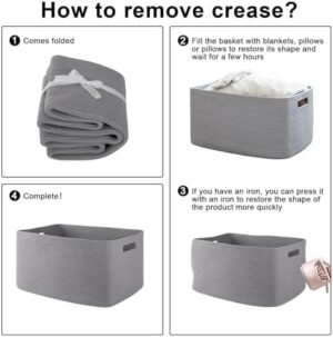 OIAHOMY XXLarge Rectangle Blanket Basket-96L, Cotton Woven Basket for Storage, Dirty Clothes Basket for Living Room, Nursery, Bedroom, Toy Organizing with Handle, 24" x 16" x 15", Grey - Image 7