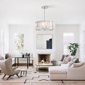 16.5" Chrome Crystal Chandeliers 4-Light Modern Drum Chandelier Flush Mount Round Ceiling Hanging Pendant Light Fixture for Kitchen Island Dining Room Foyer - Image 2