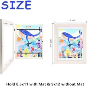KINLINK 9x12 Kids Art Frames Set of 2, Solid Wood Kids Artwork Frames Changeable with Acrylic Front Opening Holds 150 Pictures, Art Frames for Kids Artwork with Mat or without Mat, White - Image 7