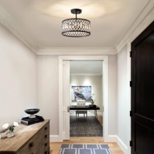 Crystal Black Ceiling Light, Modern Semi Flush Mount Ceiling Lighting Fixture, Round Hallway Lighting Fixtures Chandelier for Kitchen Entryway Bedroom Dining Room, 3-Light, 12.2 Inch - Image 3