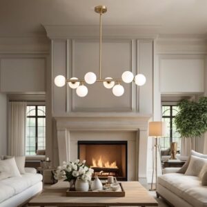 Modern Linear Chandelier, Mid Century Gold Brass Sputnik Pendant Light with White Glass Lampshade,8 Lights Globe Rectangle Chandelier,for Dining Room Kitchen - Image 7