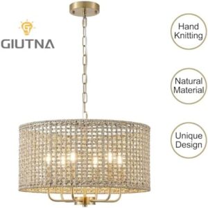 20" Rattan Hand-Woven Boho Chandelier for Dining Room, 6-Light Rattan Drum Wicker Farmhouse Chandelier Large Vintage Chandelier Pendant Light Fixture for Kitchen Island Entryway(Gold) - Image 6