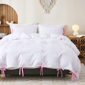 Pink Bow Duvet Cover Queen White and Pink Bedding Set Bowknot Bow Tie Cute Bedroom Decor Girls Coquette Comforter Cover Romantic Dreamy Decor - Image 2