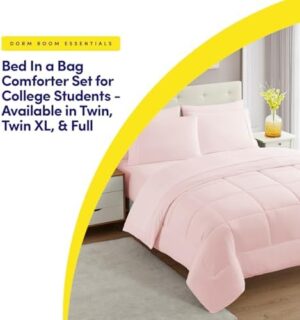Dorm Room Essentials College Bedding Comforter Set 7 Piece Full Size Bed in a Bag for College Students Boys and Girls, Full, Pale Pink - Image 5