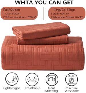 Burnt Orange Full/Queen Quilt Bedding Set,Summer Bedspread Coverlet with Pillow Shams,Geometric Pattern Microfiber Bed Cover,Thin Comforter for All Seasons(Burnt Orange,90''x96'') - Image 7