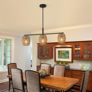 Rattan Pendant Light,3-Light Hand Wove Boho Chandelier Light Fixture,Farmhouse Wicker Light Fixture,Boho Hanging Light for Kitchen Island, Dining Room, Bar, Living Room - Image 8