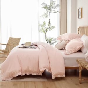 JANZAA Pink Comforter Set Queen 3PCS(1 Ruffled Blush Comforter Set and 2 Pillowcases) Vintage Shabby Chic Bedding Soft Fluffy Comforter Set All Season - Image 7
