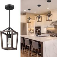 EDISHINE Pendant Lights for Kitchen Island, 1-Light Farmhouse Cage Hanging Light Fixtures, Rustic Wood with Brown Finish, Adjustable Height Pendant Light for Dining Room, Allway and Foyer