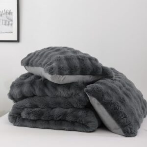 YIKUSH Fluffy Comforter Set Queen - Super Soft Dark Grey Faux Fur Comforter Bed Set, Warm Fuzzy Bedding Set for Winter (1 Comforter, 2 Pillowcases) - Image 8