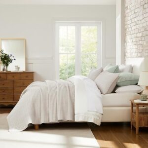 WDCOZY Beige Pick Stitch Twin Size Quilt Set, Striped Lightweight Soft Summer Spring Bedspread, Bamboo Linen Like Textured Coverlet, Chambray Farmhouse Country Rustic Bedding, Netural Thin Comforter - Image 4