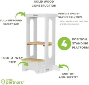 Little Partners Foldable Toddler Tower - Explore 'N Store Montessori Kitchen Tower for Cooking, 22.28" L x 19.56" W x 33.50" H, Ages 2 to 6 (White w/Natural) - Image 7