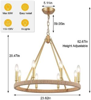 Gold Farmhouse Chandelier 8 Light Wagon Wheel Chandelier Modern Metal Round Pendant Lighting Fixture for Dining Room Entryway Island Living Room Kitchen - Image 5
