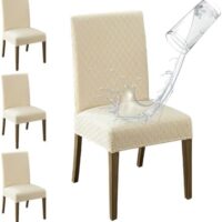 MOSAYT 100% Waterproof Dining Room Chair Covers Set of 4, Super Fit Stretch Jacquard Parson Chairs Slipcovers Removable Washable Chair Seat Protectors for Home, Kitchen, Banquet (Beige)