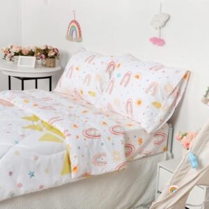 Twin Size Toddler Bedding Set for Girls- 5 Piece Rainbow Toddler Girl Bedding, Super Soft & Lightweight Toddler Comforter Set Includes Comforter, Flat Sheet, Fitted Sheet, Pillowcase (Pink) - Image 3