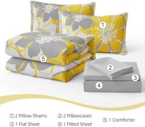 7 Pieces Yellow Floral Comforter Set Queen Size, Reversible Bed in a Bag with Sheets Set All Season, Soft Microfiber Flower Pattern Complete Duvet Bedding Set (Queen, 90"x90") - Image 6