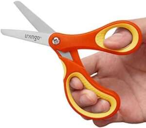 LIVINGO 3 Pack 5” Kids Scissors, Left/Right Handed Blunt Stainless Safety Toddler Preschool Child Scissors with Cover, School Classroom Craft Supplies for Teachers, Yellow/Blue/Gray - Image 3