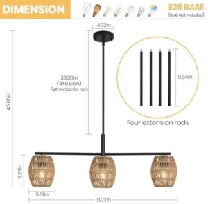 Rattan Pendant Light,3-Light Hand Wove Boho Chandelier Light Fixture,Farmhouse Wicker Light Fixture,Boho Hanging Light for Kitchen Island, Dining Room, Bar, Living Room - Image 2