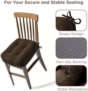 Codi Dining Chair Cushions 4 Pack, Thick Chairs Pads for Indoor Kitchen Room - Washable, Non-Slip Memory Foam Seat Cushion with Ties, 16.5"x16.5"x 3.5", Set of 4, Brown - Image 3