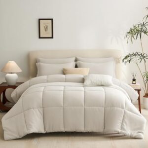 CozyLux Comforter Set Full 7 Pieces Beige Bedding Set Bed in a Bag Set Full Box Stitch Bedding Sets with All Season Comforter, Flat Sheet, Fitted Sheet and Pillowcases & Shams - Image 7