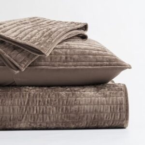 EVERGRACE Velvet Quilt Set King Size, Luxurious Soft Striped Channel Bedding Set, Lightweight Velvet Comforter for All Season, Oversized Bedspread Coverlet with 2 Matching Shams, Mocha Brown - Image 7